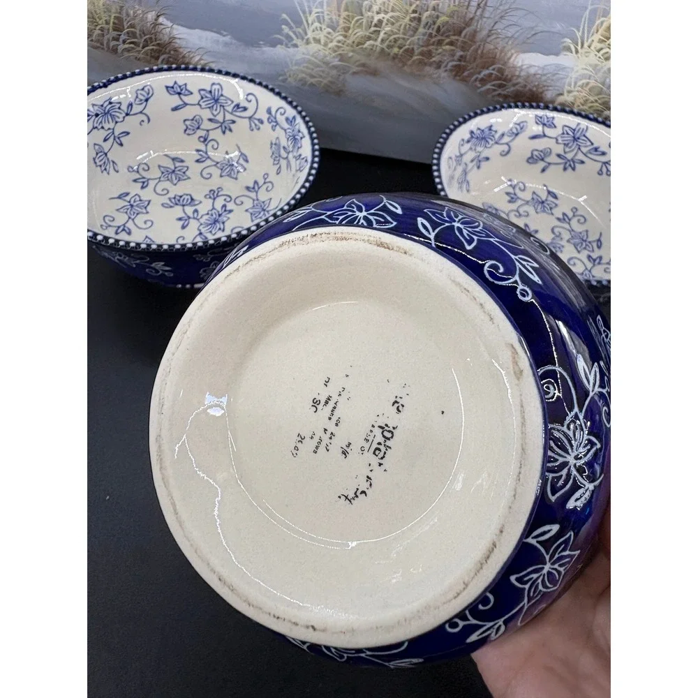 Temp-tations Floral Lace Cobalt Blue White Ceramic Footed Bowls Set of 3 6 inch